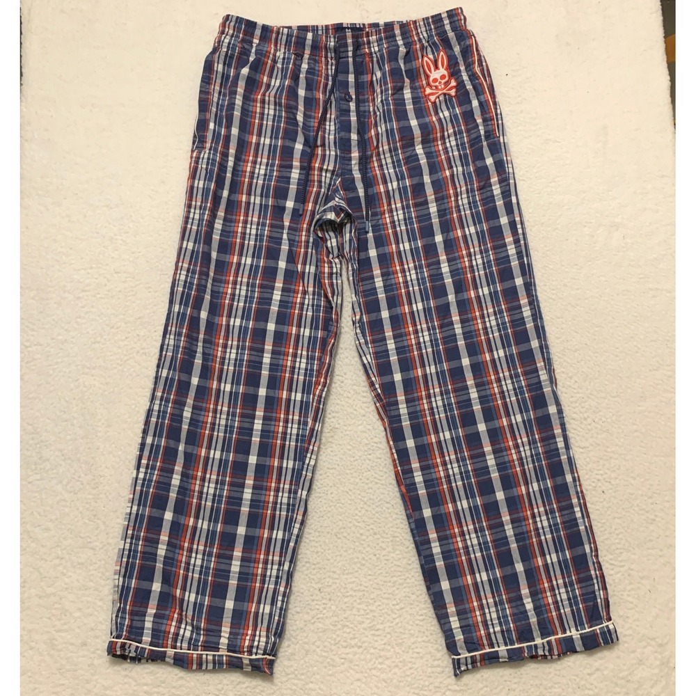 Psycho Bunny Plaid Cotton Pajama Pants Mens L 34x31 Lounge Sleepwear Blue Red